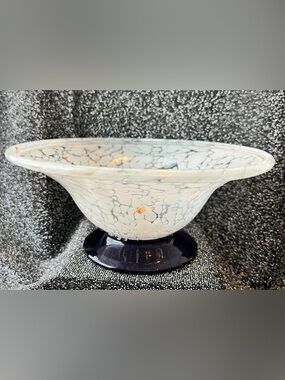 Art Glass Decorative Bowl - White Crackle with Navy Base